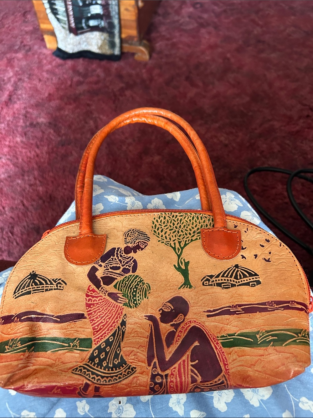 Hand-Painted Tan Leather Dome Satchel Bag - Artisan Design